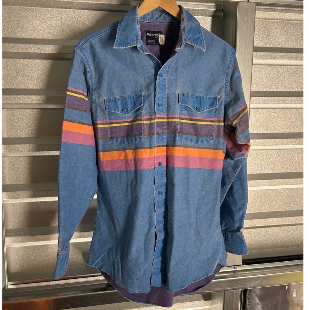 Vintage Wrangler Brushpopper Western Denim Striped Shirt Mens 16-34 USA Made